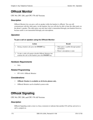 Page 170170 DBS 576 (USA), Revised 6/11/98 576-13-700
Chapter 5. Key Telephone Features Section 700 - Operation
Offhook Monitor 
CPC-96, CPC-288, and CPC-576 All Versions
Description
Offhook Monitor lets you put a call on speaker while the handset is offhook. You can still 
communicate with the other party via the handset, but you will also be able to hear the other party on 
the phone’s speaker. The other party can only hear what is transmitted through your handset however, 
because audio is not transmitted...