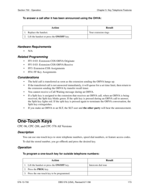 Page 173Section 700 - Operation Chapter 5. Key Telephone Features
576-13-700 DBS 576 (USA), Revised 6/11/98  173
To answer a call after it has been announced using the OHVA:
Hardware Requirements
•N/A
Related Programming
• FF1 0 03: Extension COS OHVA Originate
• FF1 0 03: Extension COS OHVA Receive
• FF3: Extension COS Assignments
• FF4: FF Key Assignments
Considerations
• The held call is transferred as soon as the extension sending the OHVA hangs up.
• If the transferred call is not answered immediately, it...