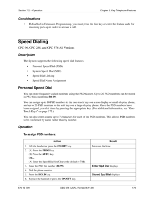 Page 179Section 700 - Operation Chapter 5. Key Telephone Features
576-13-700 DBS 576 (USA), Revised 6/11/98  179
Considerations
• If disabled in Extension Programming, you must press the line key or enter the feature code for 
incoming pick-up in order to answer a call.
Speed Dialing
CPC-96, CPC-288, and CPC-576 All Versions
Description
The System supports the following speed dial features:
• Personal Speed Dial (PSD) 
• System Speed Dial (SSD)
• Speed Dial Linking
• Speed Dial Name Assignment
Personal Speed...