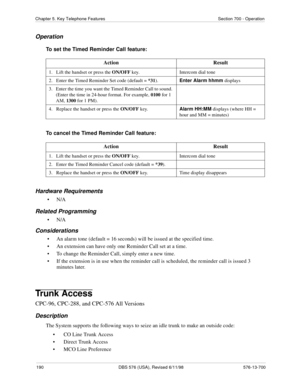 Page 190190 DBS 576 (USA), Revised 6/11/98 576-13-700
Chapter 5. Key Telephone Features Section 700 - Operation
Operation
To set the Timed Reminder Call feature:
To cancel the Timed Reminder Call feature:
Hardware Requirements
•N/A
Related Programming
•N/A
Considerations
• An alarm tone (default = 16 seconds) will be issued at the specified time.
• An extension can have only one Reminder Call set at a time.
• To change the Reminder Call, simply enter a new time.
• If the extension is in use when the reminder...