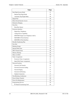 Page 2020 DBS 576 (USA), Revised 6/11/98 576-13-700
Chapter 3. System Features Section 700 - Operation
Day/Night System Mode 37
Manual Day/Night Mode 38
Automatic Day/Night Mode 39
Digital Pad 40
Direct Inward System Access 40
Distinctive Ringing 41
Door Box 42
Door Box Sensor 43
Extension Interface 43
Digital Key Telephones 43
Analog Device Capability 44
DP/DTMF Single Line Telephones (SLTs) 44
ISDN/BRI S-Point Interface 44
ISDN/PRI S-Point Interface 45
Flexible Numbering Plan 45
Free Slot 46
Hunting Groups...