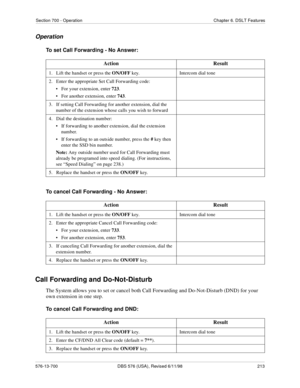 Page 213Section 700 - Operation Chapter 6. DSLT Features
576-13-700 DBS 576 (USA), Revised 6/11/98  213
Operation
To set Call Forwarding - No Answer:
To cancel Call Forwarding - No Answer:
Call Forwarding and Do-Not-Disturb
The System allows you to set or cancel both Call Forwarding and Do-Not-Disturb (DND) for your 
own extension in one step.
To cancel Call Forwarding and DND:Action Result
1.   Lift the handset or press the ON/OFF
 key. Intercom dial tone
2.   Enter the appropriate Set Call Forwarding code:
•...