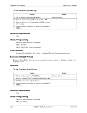 Page 220220 DBS 576 (USA), Revised 6/11/98 576-13-700
Chapter 6. DSLT Features Section 700 - Operation
To use Specified Group Pickup:
Hardware Requirements
•N/A
Related Programming
• FF1-0-02: Intercom Voice Call Pickup
• FF1-2: Dial Plan
• FF5-6: Call Pickup Group Assignment
Considerations
• Extension Group Pickup - 12 / cabinet - maximum 72 group / 6 cabinet configuration
Extension Direct Pickup
Extension Direct Pickup allows you to answer a call to another extension by dialing the number of the 
ringing...