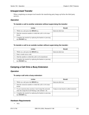 Page 223Section 700 - Operation Chapter 6. DSLT Features
576-13-700 DBS 576 (USA), Revised 6/11/98  223
Unsupervised Transfer
When completing an unsupervised transfer the transferring party hangs up before the third party 
answers.
Operation
To transfer a call to another extension without supervising the transfer:
To transfer a call to an outside number without supervising the transfer:
Camping a Call Onto a Busy Extension
Operation
To camp a call onto a busy extension:
Hardware Requirements
•N/AAction Result
1....