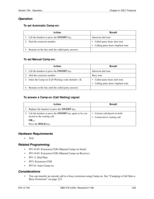 Page 225Section 700 - Operation Chapter 6. DSLT Features
576-13-700 DBS 576 (USA), Revised 6/11/98  225
Operation
To set Automatic Camp-on:
To set Manual Camp-on:
To answer a Camp-on (Call Waiting) signal:
Hardware Requirements
•N/A
Related Programming
• FF1-0-03: Extension COS (Manual Camp-on Send)
• FF1-0-03: Extension COS (Manual Camp-on Receive)
• FF1-2: Dial Plan
• FF3: Extension COS
• FF3-0: Auto Camp-on 
Considerations
• You can transfer an outside call to a busy extension using Camp-on. See “Camping a...