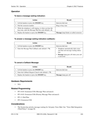 Page 233Section 700 - Operation Chapter 6. DSLT Features
576-13-700 DBS 576 (USA), Revised 6/11/98  233
Operation
To leave a message waiting indication:
To answer a message waiting indication (callback):
To cancel a Callback Message:
Hardware Requirements
•N/A
Related Programming
• FF1-0-03: Extension COS (Message Wait set/cancel)
• FF1-0-03: Extension COS (Priority Message Wait set/cancel)
• FF1-2: Dial Plan
• FF3: Extension COS
Considerations
• The System has priority message waiting for 3rd-party Voice Mail....