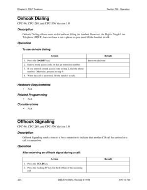 Page 234234 DBS 576 (USA), Revised 6/11/98 576-13-700
Chapter 6. DSLT Features Section 700 - Operation
Onhook Dialing
CPC-96, CPC-288, and CPC-576 Version 1.0
Description
Onhook Dialing allows users to dial without lifting the handset. However, the Digital Single Line 
Telephone (DSLT) does not have a microphone so you must lift the handset to talk.
Operation
To use onhook dialing:
Hardware Requirements
•N/A
Related Programming
•N/A
Considerations
•N/A
Offhook Signaling
CPC-96, CPC-288, and CPC-576 Version 1.0...