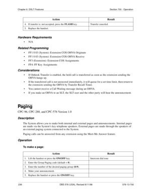 Page 236236 DBS 576 (USA), Revised 6/11/98 576-13-700
Chapter 6. DSLT Features Section 700 - Operation
Hardware Requirements
•N/A
Related Programming
• FF1 0 03 (System): Extension COS OHVA Originate
• FF1 0 03 (System): Extension COS OHVA Receive
• FF3 (Extension): Extension COS Assignments
• FF4: FF Key Assignments
Considerations
• If Onhook Transfer is enabled, the held call is transferred as soon as the extension sending the 
OHVA hangs up.
• If the transferred call is not answered immediately, it will queue...