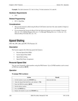 Page 238238 DBS 576 (USA), Revised 6/11/98 576-13-700
Chapter 6. DSLT Features Section 700 - Operation
Example: You dial extension 213, but it is busy. To dial extension 214, enter 4.
Hardware Requirements
•N/A
Related Programming
• FF1-2: Dial Plan
Considerations
• The second extension called using the Reset Call feature must have the same number of digits as 
the first extension.
• If you program the System for Reset Call, the following features are not available: Camp-on 
(Ext. no. + 2), Callback Request...