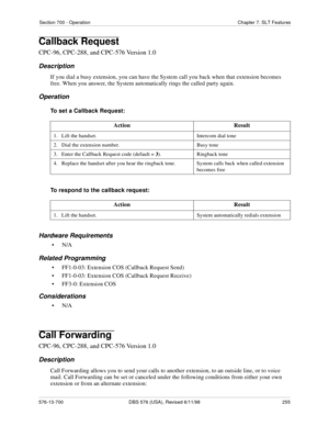 Page 255Section 700 - Operation Chapter 7. SLT Features
576-13-700 DBS 576 (USA), Revised 6/11/98  255
Callback Request
CPC-96, CPC-288, and CPC-576 Version 1.0
Description
If you dial a busy extension, you can have the System call you back when that extension becomes 
free. When you answer, the System automatically rings the called party again.
Operation
To set a Callback Request:
To respond to the callback request: 
Hardware Requirements
•N/A
Related Programming
• FF1-0-03: Extension COS (Callback Request...