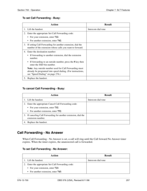 Page 257Section 700 - Operation Chapter 7. SLT Features
576-13-700 DBS 576 (USA), Revised 6/11/98  257
To set Call Forwarding - Busy:
To cancel Call Forwarding - Busy:
Call Forwarding - No Answer
When Call Forwarding - No Answer is set, a call will ring until the Call forward No Answer timer 
expires. When the timer expires, the unanswered call is forwarded.
To set Call Forwarding - No Answer:Action Result
1.   Lift the handset. Intercom dial tone
2.   Enter the appropriate Set Call Forwarding code:
•   For your...