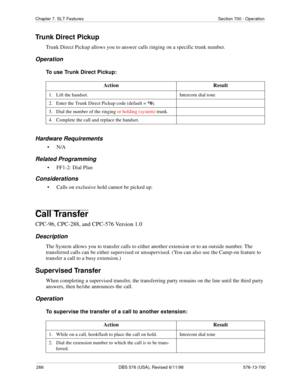 Page 266266 DBS 576 (USA), Revised 6/11/98 576-13-700
Chapter 7. SLT Features Section 700 - Operation
Trunk Direct Pickup
Trunk Direct Pickup allows you to answer calls ringing on a specific trunk number.
Operation
To use Trunk Direct Pickup:
Hardware Requirements
•N/A
Related Programming
• FF1-2: Dial Plan
Considerations
• Calls on exclusive hold cannot be picked up.
Call Transfer
CPC-96, CPC-288, and CPC-576 Version 1.0
Description
The System allows you to transfer calls to either another extension or to an...