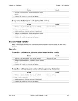 Page 267Section 700 - Operation Chapter 7. SLT Features
576-13-700 DBS 576 (USA), Revised 6/11/98  267
To supervise the transfer of a call to an outside number:
Unsupervised Transfer
When completing an unsupervised transfer the transferring party hangs up before the third party 
answers.
Operation
To transfer a call to another extension without supervising the transfer:
To transfer a call to an outside number without supervising the transfer:
3.   When the call is answered, inform the third party of the...