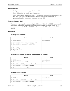 Page 283Section 700 - Operation Chapter 7. SLT Features
576-13-700 DBS 576 (USA), Revised 6/11/98  283
Considerations
• Storing a new number erases any previously stored data.
• Speed Dial numbers can contain up to 24 characters.
• Single Line Telephone SLT can only enter 0, 1-9, *, and #. If a pause, MCO code, intercom level, 
Dial Pulse (DP) - Dual Tone Multifrequency (DTMF) code, or SSD code needs to be 
programmed, use User Maintenance to program the speed dial.
System Speed Dial
You can store frequently...