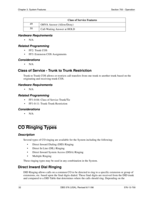 Page 3232 DBS 576 (USA), Revised 6/11/98 576-13-700
Chapter 3. System Features Section 700 - Operation
Hardware Requirements
•N/A
Related Programming
• FF2: Trunk COS 
• FF3: Extension COS Assignments
Considerations
•N/A
Class of Service - Trunk to Trunk Restriction
Trunk to Trunk COS allows or restricts call transfers from one trunk to another trunk based on the 
originating and receiving trunk COS.
Hardware Requirements
•N/A
Related Programming
• FF1-0-04: Class of Service Trunk/Tie
• FF1-0-11: Trunk-Trunk...