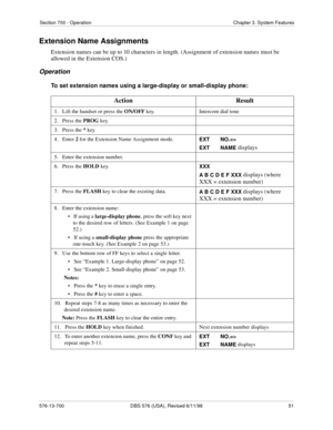 Page 51Section 700 - Operation Chapter 3. System Features
576-13-700 DBS 576 (USA), Revised 6/11/98  51
Extension Name Assignments
Extension names can be up to 10 characters in length. (Assignment of extension names must be 
allowed in the Extension COS.)
Operation
To set extension names using a large-display or small-display phone:
Action Result
1.   Lift the handset or press the ON/OFF
 key. Intercom dial tone
2.   Press the PROG
 key.
3.   Press the *
 key.
4.   Enter 2 
for the Extension Name Assignment...