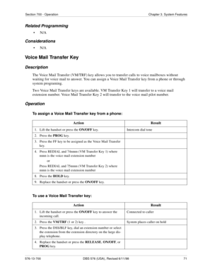 Page 71Section 700 - Operation Chapter 3. System Features
576-13-700 DBS 576 (USA), Revised 6/11/98  71
Related Programming
•N/A
Considerations
•N/A
Voice Mail Transfer Key
Description
The Voice Mail Transfer (VM/TRF) key allows you to transfer calls to voice mailboxes without 
waiting for voice mail to answer. You can assign a Voice Mail Transfer key from a phone or through 
system programing.
Two Voice Mail Transfer keys are available. VM Transfer Key 1 will transfer to a voice mail 
extension number. Voice...