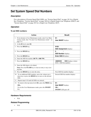 Page 8282 DBS 576 (USA), Revised 6/11/98 576-13-700
Chapter 4. User Maintenance Section 700 - Operation
Set System Speed Dial Numbers
Description
For a description of System Speed Dial (SSD), see “System Speed Dial” on page 181 for a Digital 
Key Telephone, “System Speed Dial” on page 240 for a Digital Single Line Telephone (DSLT), and 
“System Speed Dial” on page 283 for a Single Line Telephone (SLT).
Operation
To set SSD numbers:
Hardware Requirements
•N/A
Related Programming
•N/A
Action Result
1.   If not...