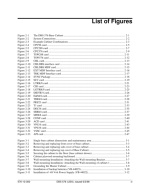 Page 11576-13-300 DBS 576 (USA), issued 6/2/98   xi
List of Figures
Figure 2-1 The DBS 576 Base Cabinet ........................................................................................... 2-1
Figure 2-2 System Connections ....................................................................................................... 2-2
Figure 2-3 Example Cabinet Combinations..................................................................................... 2-3
Figure 2-4 CPC96 card...