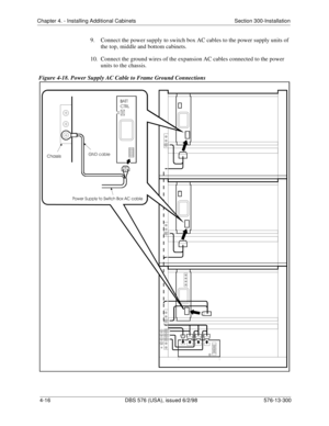 Page 102Chapter 4. - Installing Additional Cabinets Section 300-Installation
4-16 DBS 576 (USA), issued 6/2/98 576-13-300
9.  Connect the power supply to switch box AC cables to the power supply units of 
the top, middle and bottom cabinets.
10.  Connect the ground wires of the expansion AC cables connected to the power 
units to the chassis.
Figure 4-18. Power Supply AC Cable to Frame Ground Connections 