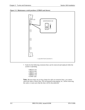 Page 126Chapter 5 - Trunks and Extensions Section 300-Installation
5-2 DBS 576 (USA), issued 6/2/98 576-13-300
Figure 5-1. Maintenance switch positions (LTRK/8 card shown)
• Cards for the following extension lines can be removed and replaced while the 
system is operating.
• DEC/8 card
• AEC/8 card
• SBRI/4 card
• MFR/8 card
• CONF card
Note:Because there are no busy lamps for calls on extension lines, you cannot 
check the status of these lines. We recommend using paging, etc., before removing 
the cards, to...