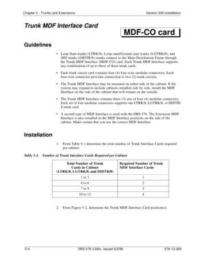 Page 128Chapter 5 - Trunks and Extensions Section 300-Installation
5-4 DBS 576 (USA), issued 6/2/98 576-13-300
Trunk MDF Interface Card
Guidelines
• Loop-Start trunks (LTRK/8), Loop-start/Ground-start trunks (LGTRK/8), and 
DID trunks (DIDTR/8) trunks connect to the Main Distribution Frame through 
the Trunk MDF Interface (MDF-CO) card. Each Trunk MDF Interface supports 
any combination of up to three of these trunk cards.
• Each trunk circuit card contains four (4) four-wire modular connectors. Each 
four-wire...