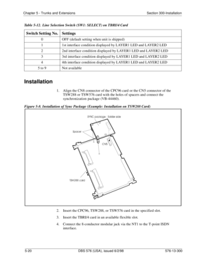 Page 144Chapter 5 - Trunks and Extensions Section 300-Installation
5-20 DBS 576 (USA), issued 6/2/98 576-13-300
Table 5-12.  Line Selection Switch (SW1: SELECT) on TBRI/4 Card
Installation
1.  Align the CN8 connector of the CPC96 card or the CN5 connector of the 
TSW288 or TSW576 card with the holes of spacers and connect the 
synchronization package (VB-44460).
Figure 5-8. Installation of Sync Package (Example: Installation on TSW288 Card)
2.  Insert the CPC96, TSW288, or TSW576 card in the specified slot.
3....