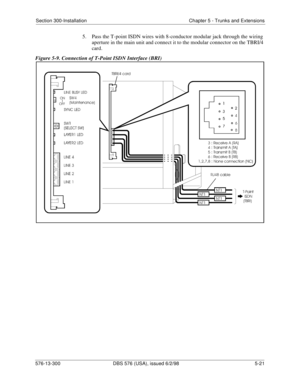 Page 145Section 300-Installation Chapter 5 - Trunks and Extensions
576-13-300 DBS 576 (USA), issued 6/2/98  5-21
5.  Pass the T-point ISDN wires with 8-conductor modular jack through the wiring 
aperture in the main unit and connect it to the modular connector on the TBRI/4 
card.
Figure 5-9. Connection of T-Point ISDN Interface (BRI) 