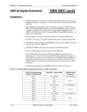 Page 158Chapter 5 - Trunks and Extensions Section 300-Installation
5-34 DBS 576 (USA), issued 6/2/98 576-13-300
DBS 96 Digital Extensions
Guidelines
• Digital extensions are connected to a DEC card installed in an extension slot of 
the DBS 96 cabinet. A maximum of 8 extensions can be connected to each DBS 
DEC card.
• The CBLDBS kit (VB-44452) must be installed to connect the DBS 576 to the 
DBS. One CBLDBS MDF Interface (part of the CBLDBS kit) must be installed 
to support connection of extension lines from...