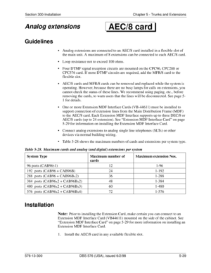 Page 163Section 300-Installation Chapter 5 - Trunks and Extensions
576-13-300 DBS 576 (USA), issued 6/2/98  5-39
Analog extensions
Guidelines
• Analog extensions are connected to an AEC/8 card installed in a flexible slot of 
the main unit. A maximum of 8 extensions can be connected to each AEC/8 card.
• Loop resistance not to exceed 100 ohms
.
• Four DTMF signal reception circuits are mounted on the CPC96, CPC288 or 
CPC576 card. If more DTMF circuits are required, add the MFR/8 card to the 
flexible slot.
•...