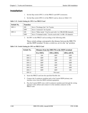 Page 170Chapter 5 - Trunks and Extensions Section 300-Installation
5-46 DBS 576 (USA), issued 6/2/98 576-13-300
Installation
1.  Set the Dip switch (SW2-1) of the PRI/23 card OFF (extension).
2.  Set the Dip switch (SW2-2) of the PRI/23 card as shown in Table 5-33.
Table 5-33.  Switch Setting for SW2-2 on PRI/23 Card
3.  Set SW1 on the PRI/23 card according to the following table.
These switch settings correspond to the distance between the DBS 576 
and the ISDN terminal. To turn a switch on, set it to the up...