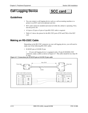 Page 184Chapter 6. Peripheral Equipment Section 300-Installation
6-10 DBS 576 (USA), issued 6/2/98 576-13-300
Call Logging Device
Guidelines
• You can connect a call logging device such as a call accounting machine or a 
printer to an SCC card in an optional card slot.
• SCC cards cannot be installed and removed while the cabinet is operating. First, 
turn the power off.
• A 9-pin to 25-pin or 9-pin to 9-pin RS-232C cable is required.
• Table 6-3 shows the pinout for the RS-232C ports (CN5 and CN6) of the SCC...