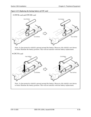 Page 204Section 300-Installation Chapter 6. Peripheral Equipment
576-13-300 DBS 576 (USA), issued 6/2/98 6-30 
Figure 6-25. Replacing the backup battery of CPC card
· CPC96 card and CPC288 card
· CPC576 card
Note: A clear protective shield is present around the battery. However, this shield is not shown
to better illustrate the battery position. This will not interfere with the battery replacement. Note: A clear protective shield is present around the battery. However, this shield is not shown
to better...