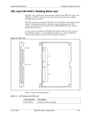 Page 35Section 300-Installation Chapter 2. System Overview
576-13-300 DBS 576 (USA), issued 6/2/98  2-13
CBL card (VB-44451): Building Block card
The CBL card is required for interconnecting cabinets in the DBS 576 system. The 
TSW288 or TSW576 card is also necessary for the interconnection of cabinets 
(building block connection).
The CBL card must be mounted in the CPC slot of all cabinets other than the master 
cabinet. A dedicated interconnect cable pair connects between cabinets. The 
connection to the...