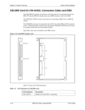 Page 36Chapter 2. System Overview Section 300-Installation
2-14 DBS 576 (USA), issued 6/2/98 576-13-300
CBLDBS Card Kit (VB-44452): Connection Cable card-DBS
The CBLDBS kit includes an interface card and cables for connecting between the 
DBS 576 and the DBS 96 cabinet and a new MDF interface card for the DBS.
The TSW288 / TSW576 card is necessary for connecting a DBS 576 to a DBS 96 
cabinet.
The CBLDBS card must be mounted in the AUX1 slot of the DBS (AUX2 cannot be 
used). A dedicated cable connects this...