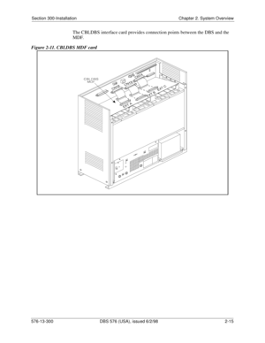 Page 37Section 300-Installation Chapter 2. System Overview
576-13-300 DBS 576 (USA), issued 6/2/98  2-15
The CBLDBS interface card provides connection points between the DBS and the 
MDF. 
Figure 2-11. CBLDBS MDF card 