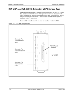 Page 38Chapter 2. System Overview Section 300-Installation
2-16 DBS 576 (USA), issued 6/2/98 576-13-300
EXT MDF card (VB-44611): Extension MDF Interface Card
The EXT MDF card provides a standard 25-pair connection at the DBS 576 Cabinet. 
This interface board installs in one of five possible positions on either side of the 
DBS 576 Cabinet and supports up to three extension cards (either DEC/8 or AEC/8). 
Since each extension card contains 8 extension ports, the EXT MDF supports a 
maximum total of 24...