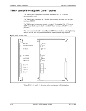 Page 50Chapter 2. System Overview Section 300-Installation
2-28 DBS 576 (USA), issued 6/2/98 576-13-300
TBRI/4 card (VB-44530): BRI Card (T-point)
The TBRI/4 card is a T-point ISDN basic interface (2 B + D: 192 kbps) 
accommodation card.
The TBRI/4 card is mounted on a flexible slot to control the basic user network 
interface of ISDN.
The TBRI/4 card is connected through a Network Termination Unit (NT1) to the 
ISDN trunk which supports the T-point ISDN basic interface. (The NT1 is not 
provided.)
This card...