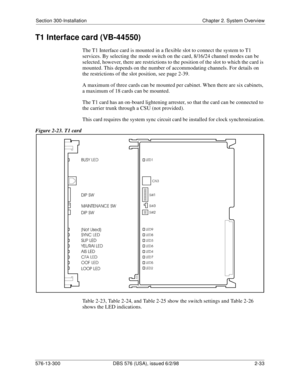 Page 55Section 300-Installation Chapter 2. System Overview
576-13-300 DBS 576 (USA), issued 6/2/98  2-33
T1 Interface card (VB-44550)
The T1 Interface card is mounted in a flexible slot to connect the system to T1 
services. By selecting the mode switch on the card, 8/16/24 channel modes can be 
selected, however, there are restrictions to the position of the slot to which the card is 
mounted. This depends on the number of accommodating channels. For details on 
the restrictions of the slot position, see page...