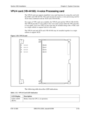 Page 65Section 300-Installation Chapter 2. System Overview
576-13-300 DBS 576 (USA), issued 6/2/98  2-43
VPU/4 card (VB-44160): 4-voice Processing card
The VPU/4 card can support simplified voice mail functions by using this card with 
the VSSC card (VB-44170). This card can also be used as a voice processing card for 
ACD when combined with the ACD card (VB-44140).
Two types of VPU cards are available; the VPU/8 card and the VPU/4 (VB-44150). 
The VPU/8 provides 8 voice paths to the voice mail system while the...