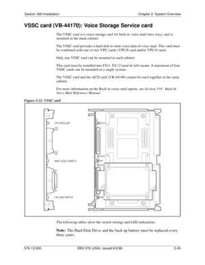 Page 67Section 300-Installation Chapter 2. System Overview
576-13-300 DBS 576 (USA), issued 6/2/98  2-45
VSSC card (VB-44170): Voice Storage Service card
The VSSC card is a voice storage card for built-in voice mail (two-way), and is 
mounted in the main cabinet.
The VSSC card provides a hard disk to store voice data of voice mail. This card must 
be combined with one or two VPU cards (VPU/8 card and/or VPU/4 card).
Only one VSSC card can be mounted in each cabinet.
This card must be installed into FS11. FS 12...