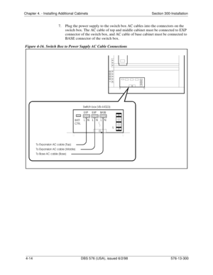 Page 100Chapter 4. - Installing Additional Cabinets Section 300-Installation
4-14 DBS 576 (USA), issued 6/2/98 576-13-300
7.  Plug the power supply to the switch box AC cables into the connectors on the 
switch box. The AC cable of top and middle cabinet must be connected to EXP 
connector of the switch box, and AC cable of base cabinet must be connected to 
BASE connector of the switch box.
Figure 4-16. Switch Box to Power Supply AC Cable Connections 