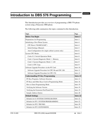 Page 11576-13-400 DBS 576 (USA) issued 05/20/98     l     Intro-1
FF1System
FF2Tr u n k s
FF3Extensions
FF4FF-/Soft Keys
FF5Groups
FF6TRS/ARS
0   System
Configuration
FF7Appl ications
FF8Maintenance
Introduction
Appe ndix  A
Appe ndix  B
FF1System
FF2Tr u n k s
FF3Extensions
FF4FF-/Soft Keys
FF5Groups
FF6TRS/ARS
0   System
Configuration
FF7Appli cations
FF8Maintenance Introduction
Appe ndix A
Appe ndix B
Introduction to DBS 576 Programming
This Introduction provides an overview of programming a DBS 576 phone...