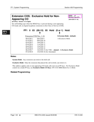 Page 102FF1: System Programming Section 400-Programming
Page 1-40
     l     DBS 576 (USA) issued 05/20/98 576-13-400
FF1System
FF2Tr u n k s
FF3Extensions
FF4FF-/Soft Keys
FF5Groups
FF6TRS/ARS
0   System
Configuration
FF7Appl ications
FF8Maintenance Introduction
Appe ndix  A
Appe ndix  B
FF1System
FF2Tr u n k s
FF3Extensions
FF4FF-/Soft Keys
FF5Groups
FF6TRS/ARS
0   System
Configuration
FF7Appli cations
FF8Maintenance Introduction
Appe ndix A
Appe ndix B
        
Notes:
System Hold:  Any extension can retrieve...