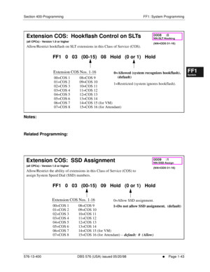 Page 105Section 400-Programming FF1: System Programming
576-13-400 DBS 576 (USA) issued 05/20/98
     l     Page 1-43
FF1System
FF2Tr u n k s
FF3Extensions
FF4FF-/Soft Keys
FF5Groups
FF6TRS/ARS
0   System
Configuration
FF7Appl ications
FF8Maintenance Introduction
Appe ndix  A
Appe ndix  B
FF1System
FF2Tr u n k s
FF3Extensions
FF4FF-/Soft Keys
FF5Groups
FF6TRS/ARS
0   System
Configuration
FF7Appli cations
FF8Maintenance Introduction
Appe ndix A
Appe ndix B
      
Notes:
Related Programming:
          
Extension...