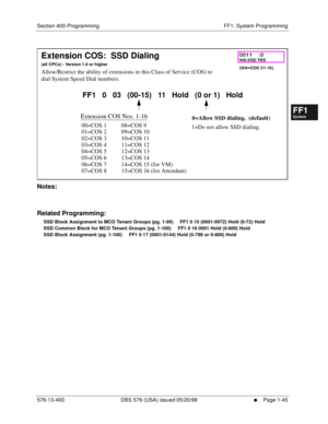 Page 107Section 400-Programming FF1: System Programming
576-13-400 DBS 576 (USA) issued 05/20/98
     l     Page 1-45
FF1System
FF2Tr u n k s
FF3Extensions
FF4FF-/Soft Keys
FF5Groups
FF6TRS/ARS
0   System
Configuration
FF7Appl ications
FF8Maintenance Introduction
Appe ndix  A
Appe ndix  B
FF1System
FF2Tr u n k s
FF3Extensions
FF4FF-/Soft Keys
FF5Groups
FF6TRS/ARS
0   System
Configuration
FF7Appli cations
FF8Maintenance Introduction
Appe ndix A
Appe ndix B
        
Notes:
Related Programming:
SSD Block Assignment...