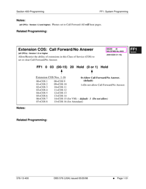 Page 113Section 400-Programming FF1: System Programming
576-13-400 DBS 576 (USA) issued 05/20/98
     l     Page 1-51
FF1System
FF2Tr u n k s
FF3Extensions
FF4FF-/Soft Keys
FF5Groups
FF6TRS/ARS
0   System
Configuration
FF7Appl ications
FF8Maintenance Introduction
Appe ndix  A
Appe ndix  B
FF1System
FF2Tr u n k s
FF3Extensions
FF4FF-/Soft Keys
FF5Groups
FF6TRS/ARS
0   System
Configuration
FF7Appli cations
FF8Maintenance Introduction
Appe ndix A
Appe ndix B
Notes:
(all CPCs - Version 1.3 and higher)   Phones set...