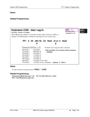 Page 115Section 400-Programming FF1: System Programming
576-13-400 DBS 576 (USA) issued 05/20/98
     l     Page 1-53
FF1System
FF2Tr u n k s
FF3Extensions
FF4FF-/Soft Keys
FF5Groups
FF6TRS/ARS
0   System
Configuration
FF7Appl ications
FF8Maintenance Introduction
Appe ndix  A
Appe ndix  B
FF1System
FF2Tr u n k s
FF3Extensions
FF4FF-/Soft Keys
FF5Groups
FF6TRS/ARS
0   System
Configuration
FF7Appli cations
FF8Maintenance Introduction
Appe ndix A
Appe ndix B
Notes:
Related Programming:
         
Notes:
To log-in...