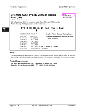 Page 116FF1: System Programming Section 400-Programming
Page 1-54
     l     DBS 576 (USA) issued 05/20/98 576-13-400
FF1System
FF2Tr u n k s
FF3Extensions
FF4FF-/Soft Keys
FF5Groups
FF6TRS/ARS
0   System
Configuration
FF7Appl ications
FF8Maintenance Introduction
Appe ndix  A
Appe ndix  B
FF1System
FF2Tr u n k s
FF3Extensions
FF4FF-/Soft Keys
FF5Groups
FF6TRS/ARS
0   System
Configuration
FF7Appli cations
FF8Maintenance Introduction
Appe ndix A
Appe ndix B
         
Notes:
The Priority Message Waiting Send...