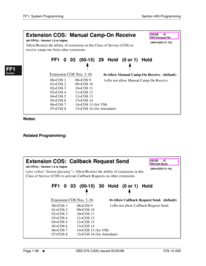 Page 120FF1: System Programming Section 400-Programming
Page 1-58
     l     DBS 576 (USA) issued 05/20/98 576-13-400
FF1System
FF2Tr u n k s
FF3Extensions
FF4FF-/Soft Keys
FF5Groups
FF6TRS/ARS
0   System
Configuration
FF7Appl ications
FF8Maintenance Introduction
Appe ndix  A
Appe ndix  B
FF1System
FF2Tr u n k s
FF3Extensions
FF4FF-/Soft Keys
FF5Groups
FF6TRS/ARS
0   System
Configuration
FF7Appli cations
FF8Maintenance Introduction
Appe ndix A
Appe ndix B
         
Notes:
Related Programming:
         
Extension...